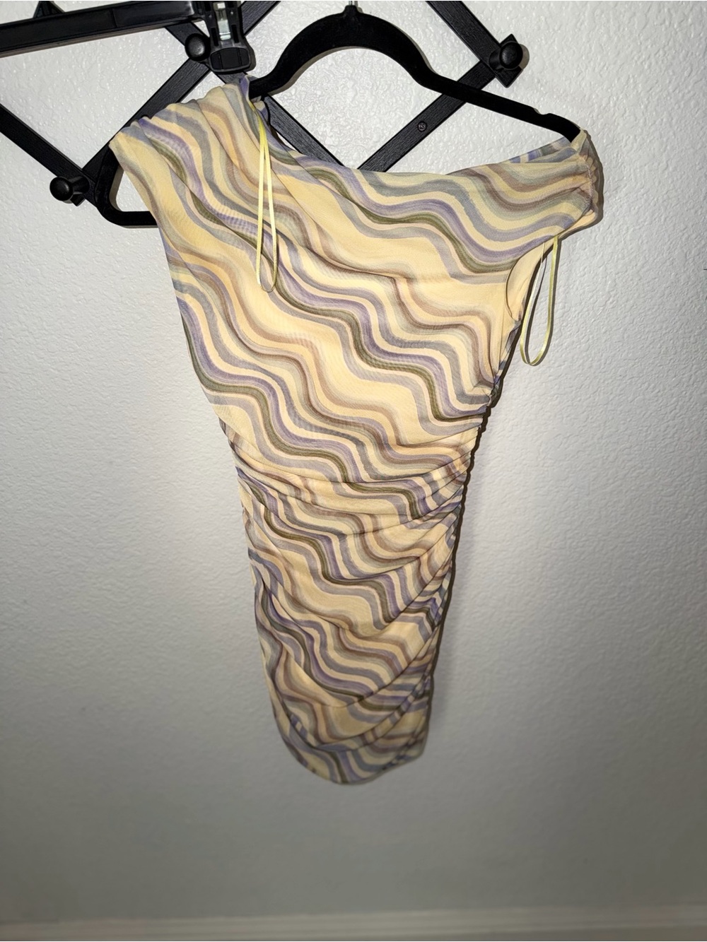 Zara Womens S Yellow Purple Swirl Print Ruched Off Shoulder Mesh Mini Dress - Picture 4 of 4